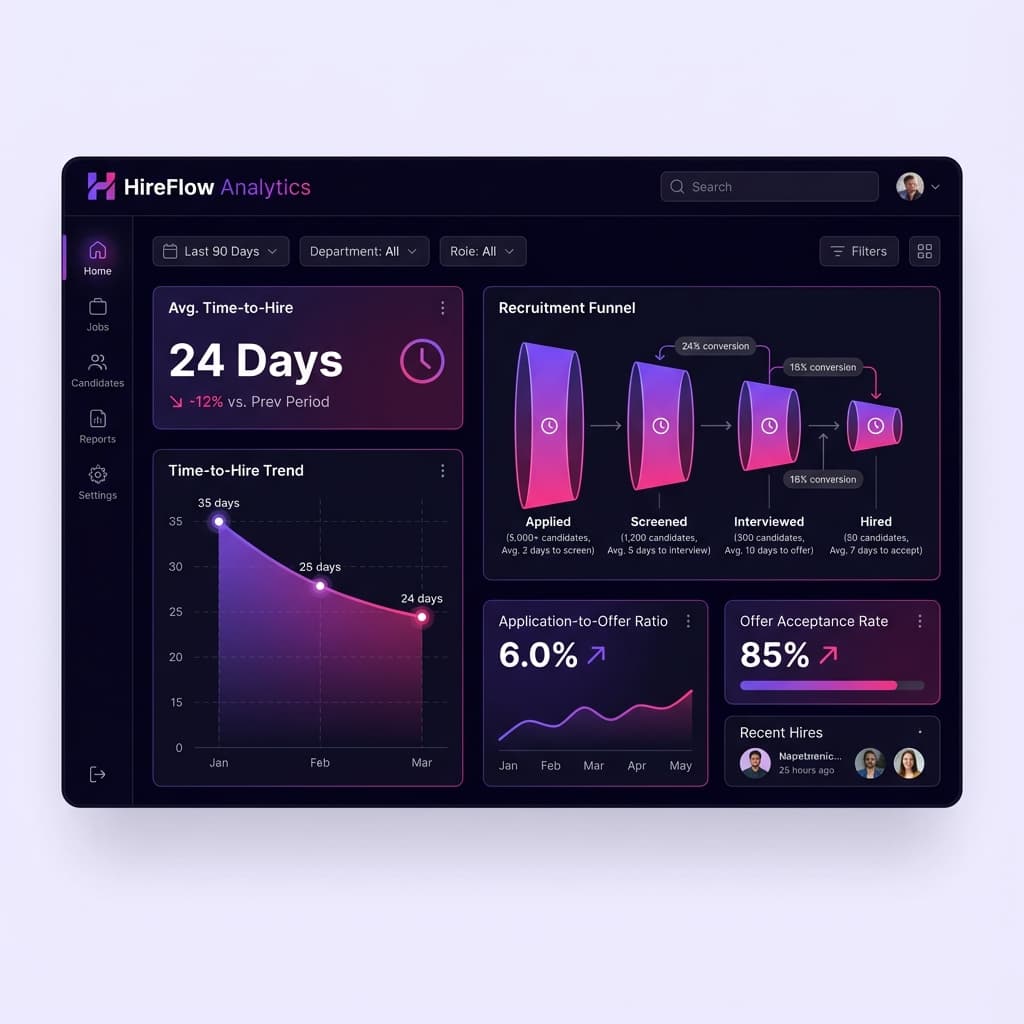 ARIA HR platform dashboard showing time-to-hire metrics and recruitment funnel analytics